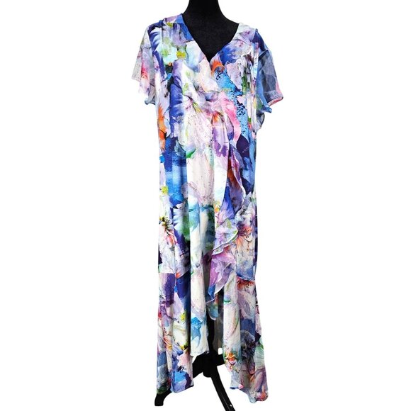 Kate & Mallory Womens Floral Midi Dress Ruffle Accent & Flutter Sleeves Size 2X - Picture 2 of 12
